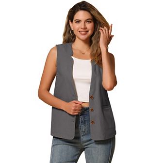 Cotton Linen Vest for Women Casual V Neck Button Down Sleeveless Jacket