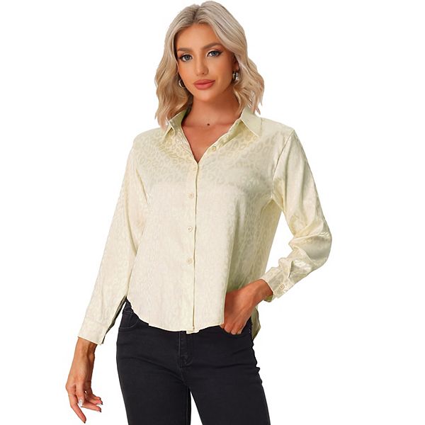 Ladies Leopard Trim V Neck Button Down Half Sleeve Shirt-Brown