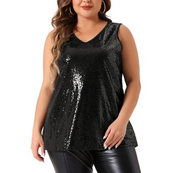 Plus Size Tops for Women Sleeveless Sparkle Shimmer Glitter Sequin V Neck Tank Top