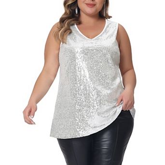 Plus Size Tops for Women Sleeveless Sparkle Shimmer Glitter Sequin V Neck Tank Top