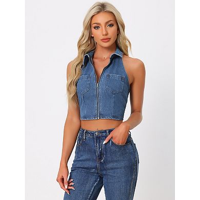 Halter Denim Top For Women Zipper Up Collared Sleeveless Jean Corset