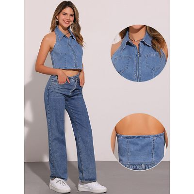 Halter Denim Top For Women Zipper Up Collared Sleeveless Jean Corset
