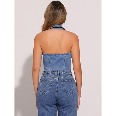 Halter Denim Top For Women Zipper Up Collared Sleeveless Jean Corset