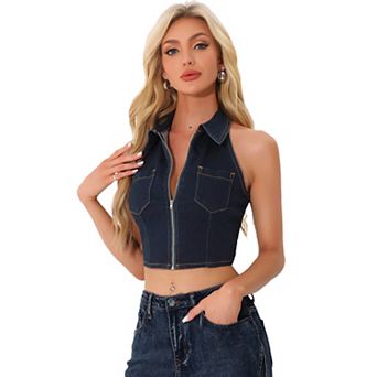 Halter Denim Top For Women Zipper Up Collared Sleeveless Jean Corset