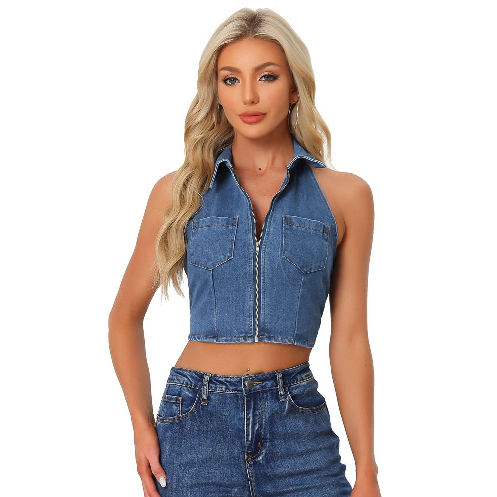 Halter Denim Top for Women Zipper Up Collared Sleeveless