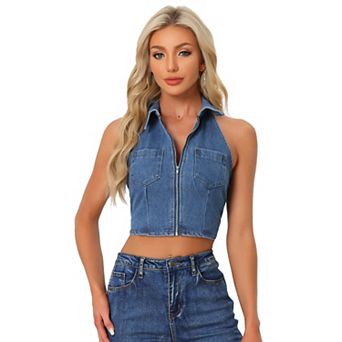 Halter Denim Top For Women Zipper Up Collared Sleeveless Jean Corset