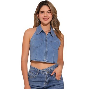 Halter Denim Top For Women Zipper Up Collared Sleeveless Jean Corset