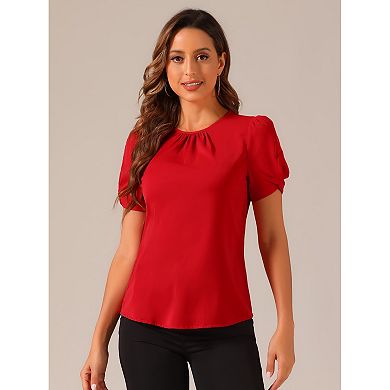 Ruched Sleeve Blouse For Women Pleated Front Round Neck Top