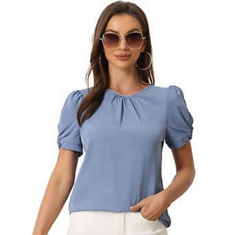 Ruched Sleeve Blouse For Women Pleated Front Round Neck Top