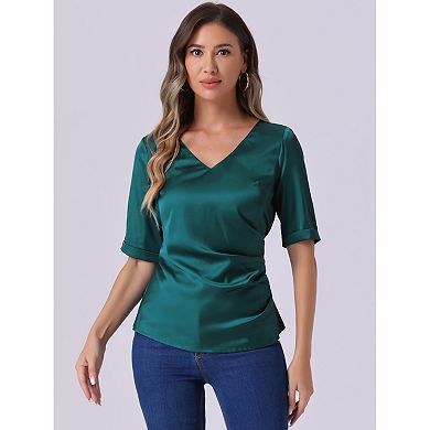 Satin Blouse For Women V-neck Short Sleeve Tie Waist Ruched Elegant Work Tops