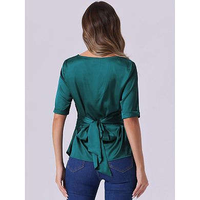 Satin Blouse For Women V-neck Short Sleeve Tie Waist Ruched Elegant Work Tops
