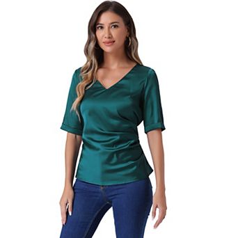 Satin Blouse for Women V-Neck Short Sleeve Tie Waist Ruched Elegant Work Tops
