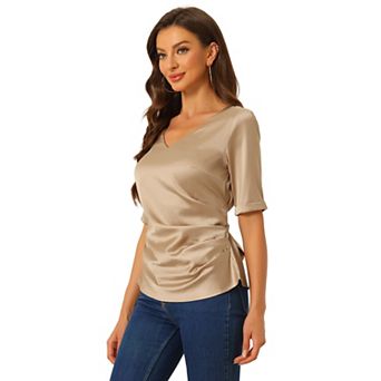 Satin Blouse for Women V-Neck Short Sleeve Tie Waist Ruched Elegant Work Tops