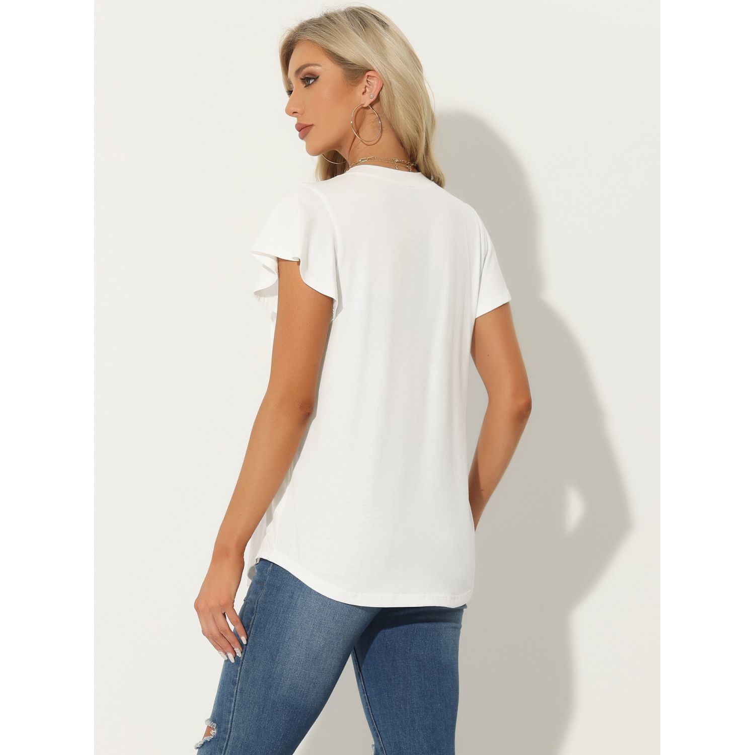 Buy Famulily Womens Split V Neck Cap Sleeve Tops Frill Trim Elegant Work Office Blouse Shirts