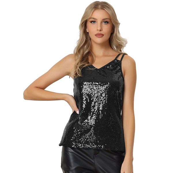 Sequin V-Neck Camisole – Rhinestone Strap Sparkly Top