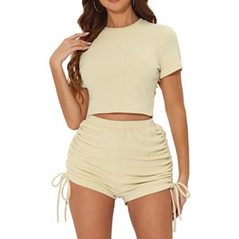 2 pc Outfits For Women's Short Sleeve Top With High Waisted Drawstring Shorts Sets
