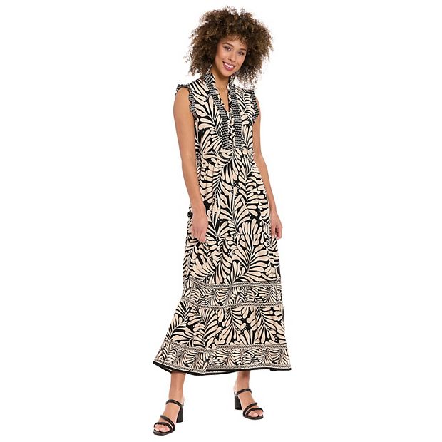 Women's London Times Smocked Waist Tiered Maxi Dress, Size: 2, Black Cream