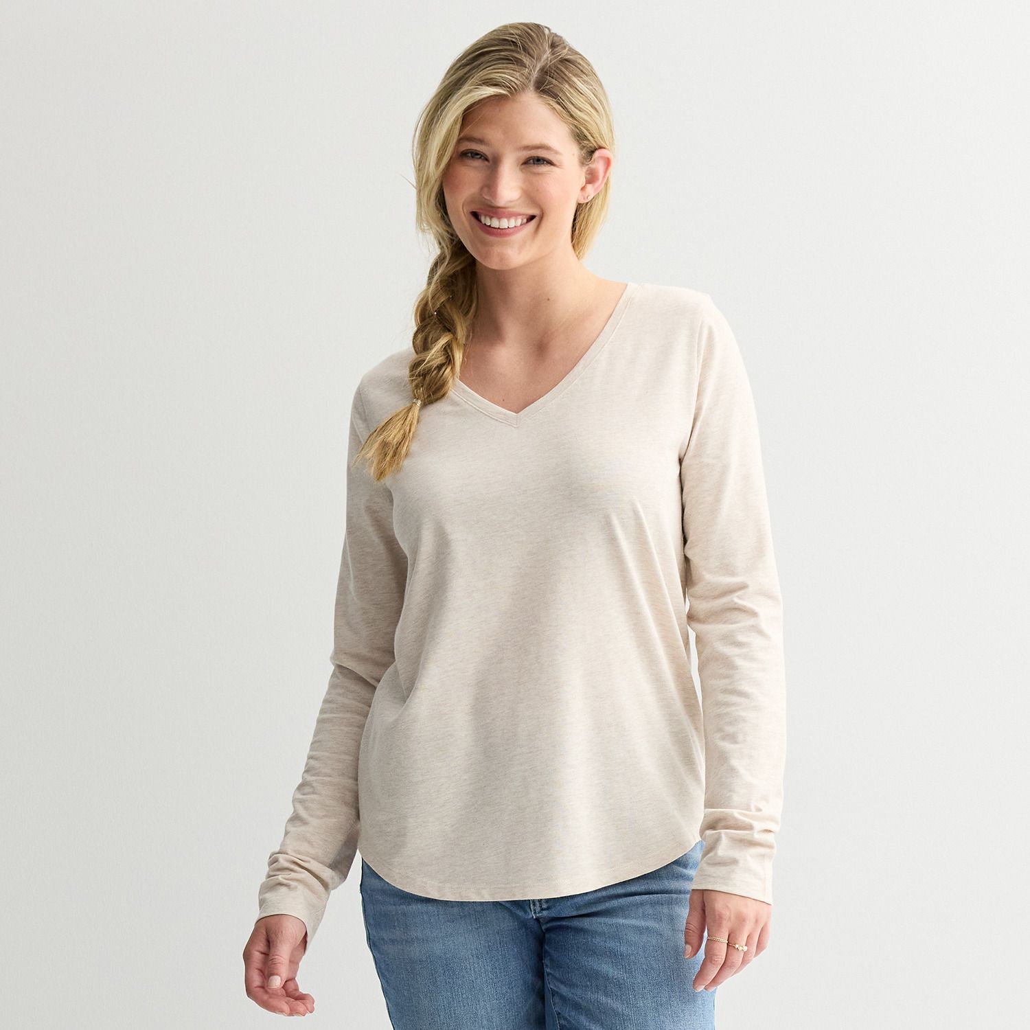 Женская футболка Sonoma Goods For Life с длинным рукавом V-Neck, цвет: Бежевый меланжевый — фото 1