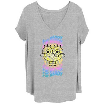 Juniors' Plus Size SpongeBob SquarePants I'm Ready Swirl Text Graphic Tee
