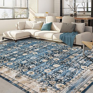 Glowsol Distressed Floral Area Rug Washable Soft Floor Carpet For Bedroom