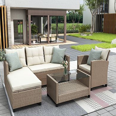 Outdoor, Patio Furniture Sets, 4 Piece Conversation Set Wicker Ratten Sectional Sofa with Seat Cushions