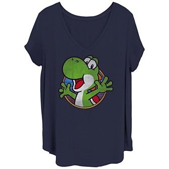 Juniors' Plus Size Super Mario Bros Happy Yoshi Stamp V-Neck Graphic Tee