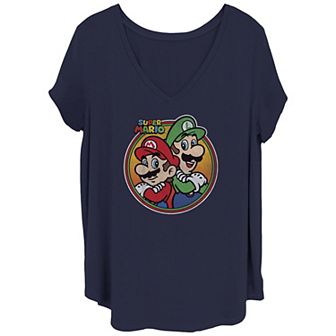 Juniors' Plus Size Super Mario Bros And Luigi Stamp V-Neck Graphic Tee