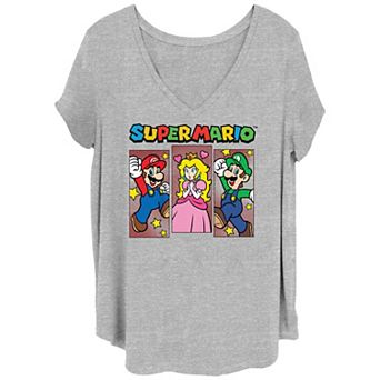 Juniors' Plus Size Super Mario Bros Main Trio V-Neck Graphic Tee