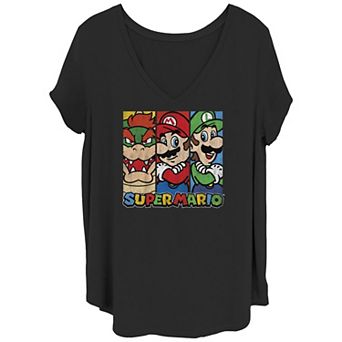 Juniors' Plus Size Super Mario Bros Strong Three V-Neck Graphic Tee
