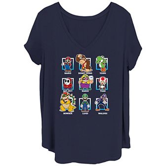 Juniors' Plus Size Super Mario Bros Friends And Foes V-Neck Graphic Tee