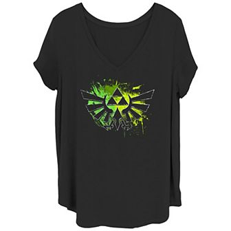 Juniors' Plus Size The Legend Of Zelda Hyrule Crest Splatter Background V-Neck Graphic Tee