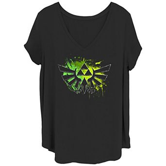 Juniors' Plus Size The Legend Of Zelda Hyrule Crest Splatter Background V-Neck Graphic Tee