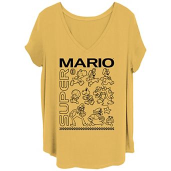 Juniors' Plus Size Super Mario Bros Group Drawings V-Neck Graphic Tee