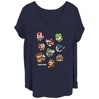 Juniors' Plus Size Super Mario Bros Group Bubble Portraits V-Neck Graphic Tee