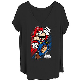 Juniors' Plus Size Super Mario Bros Jumper Portrait V-Neck Graphic Tee
