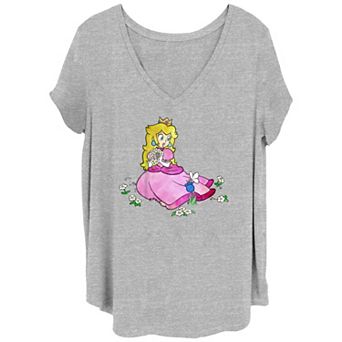 Juniors' Plus Size Super Mario Bros Princess Peach Watercolor Portrait V-Neck Graphic Tee
