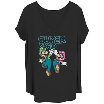Juniors' Plus Size Super Mario Bros And Luigi High Five V-Neck Graphic Tee