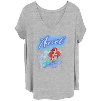 Disney's The Little Mermaid Ariel Airbrush Design Juniors' Plus Size V-Neck Graphic Tee