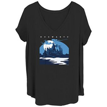 Juniors' Plus Size Harry Potter Hogwarts At Night V-Neck Graphic Tee