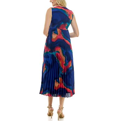 Women's Nicole Miller Abstract Print V-Neck Pleated Midi Dress