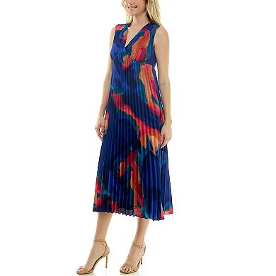Women's Nicole Miller Abstract Print V-Neck Pleated Midi Dress