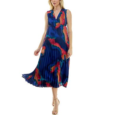 Women's Nicole Miller Abstract Print V-Neck Pleated Midi Dress