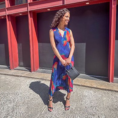 Women's Nicole Miller Abstract Print V-Neck Pleated Midi Dress