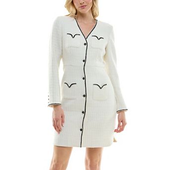 Women's Nicole Miller Braid Trimmed V-Neck Boucle Shirt Dress
