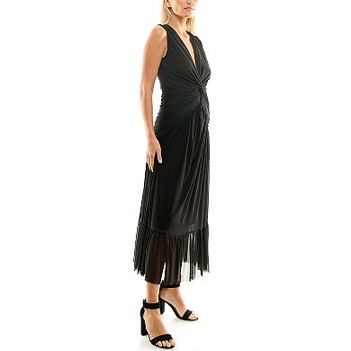 Women's Nicole Miller V-Neck Sleeveless Tiered Pleated Mesh Skirt Maxi Dress