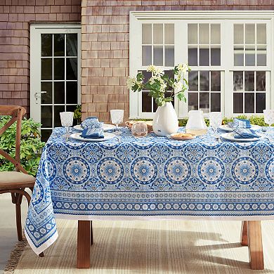 Vietri Medallion Blue Block Print Stain & Water Resistant Indoor/Outdoor Rectangle Tablecloth