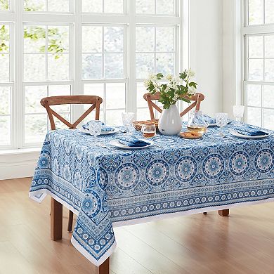 Vietri Medallion Blue Block Print Stain & Water Resistant Indoor/Outdoor Rectangle Tablecloth