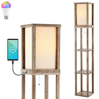 Etagere Rustic Bohemian Wooden Led Shelf Floor Lamp With Pull Chain