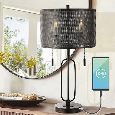 Hank Industrial Farmhouse Iron Led Table Lamp With Usb Charging Port