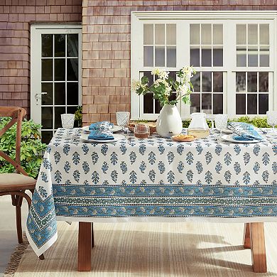 Tropez Block Print Stain & Water Resistant Indoor/outdoor Rectangle Tablecloth